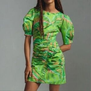 Farm Rio Sz MP Anthropologie Lime Green Puff Sleeve Mini Dress Tropical Floral